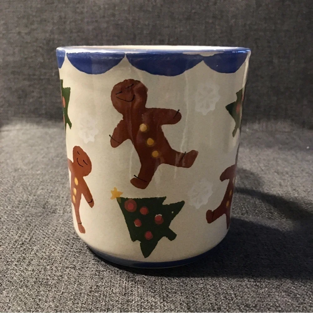 Handcrafted Gingerbread Man Holiday Coffee Mug, Cream, Brown, Blue, Green, 12 oz